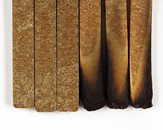 Forschungsprojekt »ScaleAmP«: Biobasierte Flammschutzmittel aus Agrarreststoffen für Biowerkstoffe Das Foto zeigt drei WPC-Prüfstäbe ohne Brandspuren und drei WPC-Prüfstäbe mit Brandspuren.