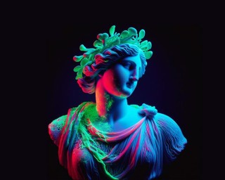 Forschungsprojekt »LuminousNetworks«: Biologische, wissenschaftliche und kulturelle Vielfalt im Pilzgeflecht Die 3D-Computergrafik zeigt eine klassische griechische Büste aus weißem Material vor schwarzem Hintergrund. Die Oberfläche der Büste schimmert in leuchtenden Grün- und Rottönen.