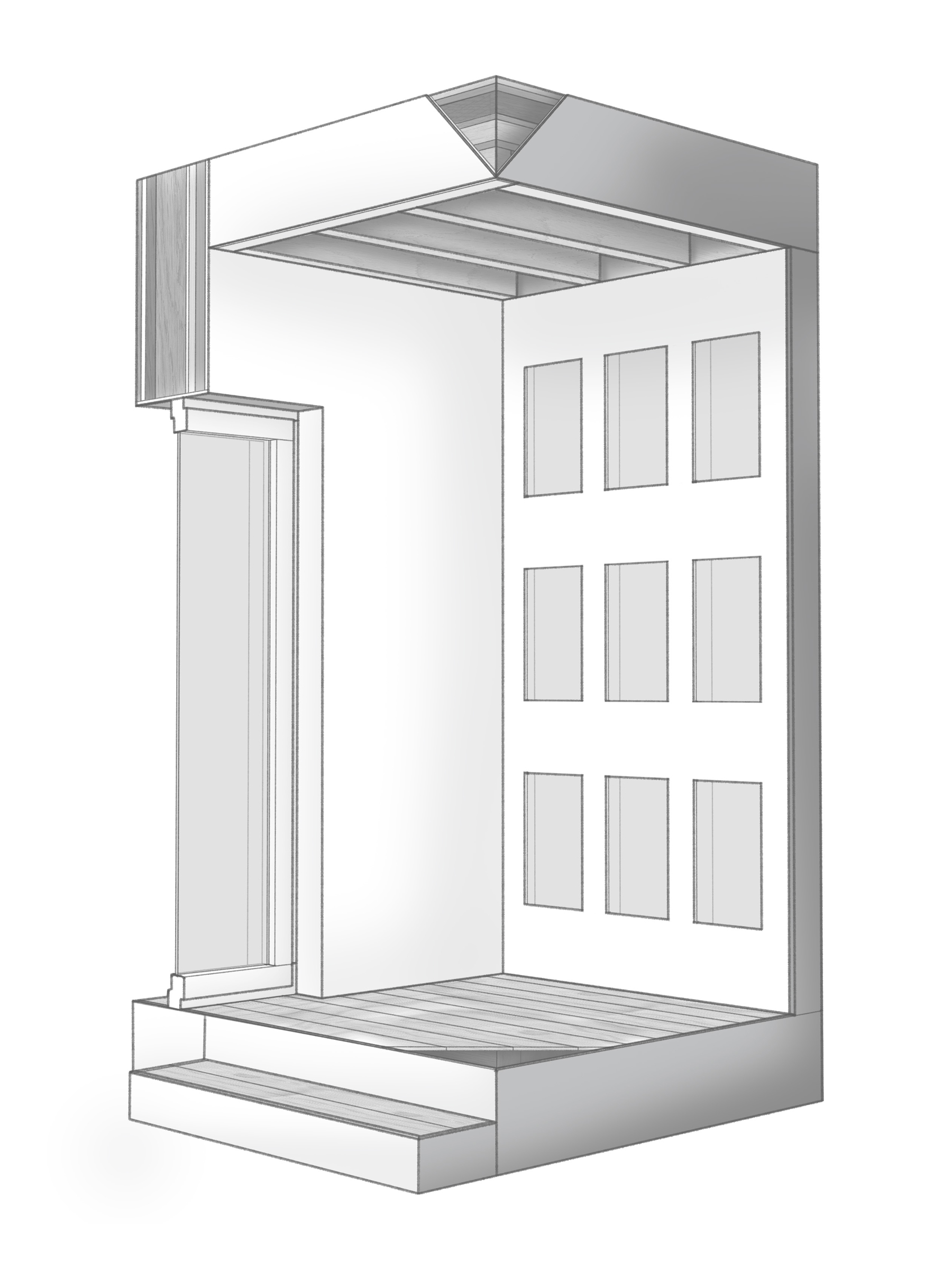 The computer graphic shows a simplified visualization of a building construction.