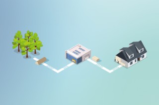 The graphic shows a path that leads from trees to a pile of wood, then to a factory with mats that are used to insulate a house.